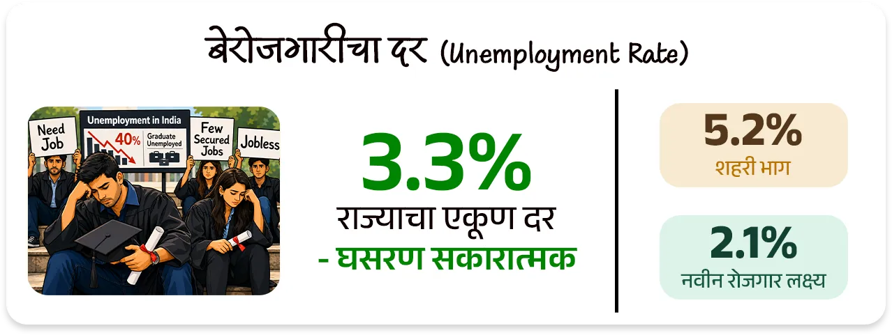 📰 बातमी काय ? 
• महाराष्ट्राची आर्थिक पाहणी 2025-26 अहवाल विधानसभेत वित्त व नियोजन राज्यमंत्री ॲड.आशिष जयस्वाल यांनी तर विधानपरिषदेत राज्यमंत्री पंकज भोयर यांनी सादर केला.

📈 1. मॅक्रो-इकॉनॉमिक निर्देशक (Macro-Economic Indicators)

GSDP वृद्धीदर: 
1) वर्ष 2025-26 मध्ये महाराष्ट्राची अर्थव्यवस्था 7.9% दराने वाढण्याचा अंदाज आहे (मागील वर्षी हा दर 7.3% होता).
•  हा दर देशाच्या अंदाजित विकास दरापेक्षा (भारताचा - 7.4%) अधिक आहे.
2) एकूण सकल राज्य उत्पन्न (Nominal GSDP) - चालू किमतींनुसार महाराष्ट्राचा GSDP ₹ 51 लाख कोटी ($615 Billion) वर पोहोचला आहे. 
3) भारताच्या एकूण जीडीपीमध्ये (GDP) सर्वाधिक 14.3% वाटा एकट्या महाराष्ट्राचा आहे.
4) दरडोई उत्पन्न (Per Capita Income): राज्यातील प्रति व्यक्ती वार्षिक उत्पन्न वाढून ₹ 3,47,903 झाले आहे, जे राष्ट्रीय सरासरीपेक्षा (₹2,19,000) खूप जास्त आहे.

5) राजकोषीय तूट (Fiscal Deficit) - GSDP च्या 2.7% एवढी असून ती FRBM कायद्याच्या 3% च्या मर्यादेत आहे.

6) थकीत कर्ज (Debt Stock) - राज्यावरील एकूण कर्ज GSDP च्या 18.3% (अंदाजे ₹ 9.32 लाख कोटी) असून ते वित्तीय मर्यादेत आहे.

7) व्हिजन 2047 -महाराष्ट्राला 2030 पर्यंत $1 Trillion आणि 2047 पर्यंत $5 Trillion अर्थव्यवस्था बनवण्याचे उद्दिष्ट आहे.

📊 क्षेत्रनिहाय कामगिरी (Sectoral Performance) : 
1) सेवा क्षेत्र (Services Sector) ➡️  9.0% वाढ - हे राज्याच्या अर्थव्यवस्थेचे मुख्य चालक असून एकूण अर्थव्यवस्थेत याचा वाटा 64% आहे.

2) उद्योग क्षेत्र (Industrial Sector) ➡️ 5.7% वाढ -  मॅन्युफॅक्चरिंग आणि पायाभूत सुविधांच्या विकासामुळे औद्योगिक क्षेत्रात सुधारणा झाली आहे (मागील वर्षी हा दर 4.3% होता).

3) कृषी आणि संलग्न क्षेत्र (Agriculture) ➡️ 3.4% वाढ -  या क्षेत्राचा वृद्धीदर मंदावला आहे.
• 2025 च्या उत्तरार्धात झालेल्या अतिवृष्टीमुळे पिकांचे झालेले नुकसान हे या मंदीचे मुख्य कारण आहे.


🏭 3. औद्योगिक धोरण : 
1) MIISP 2025 (Industrial Policy) - राज्याला $1 Trillion अर्थव्यवस्था बनवण्यासाठी 'महाराष्ट्र उद्योग, गुंतवणूक आणि सेवा धोरण 2025' (MIISP 2025) लागू करण्यात आले आहे.
• उद्दिष्ट : एकूण ₹40 लाख कोटी ची गुंतवणूक आकर्षित करणे आणि 50 लाख नवीन रोजगार निर्माण करणे.

2) क्षेत्रीय सवलती (Zonal Incentives) -प्रादेशिक समतोल राखण्यासाठी मागास जिल्ह्यांना (Zones D+) जास्त सबसिडी दिली जाईल.

3) विशेष भर (Thrust Sectors) - इलेक्ट्रिक वाहने (EV), सेमीकंडक्टर्स, एरोस्पेस आणि डिफेन्स, तसेच ग्रीन हायड्रोजन प्रकल्पांना 50% ते 100% पर्यंत भांडवली सबसिडी दिली जाईल.

💼 रोजगार, स्टार्टअप्स आणि एमएसएमई (Employment & MSME)
1) बेरोजगारीचा दर (Unemployment Rate) - राज्यात बेरोजगारीचा दर घसरून 3.3% वर आला आहे.
• शहरी भागात 5.2% तर 
• ग्रामीण भागात अवघा 2.1% आहे.

2) श्रमशक्ती सहभाग दर (LFPR) - 15 वर्षांवरील लोकसंख्येचा LFPR वाढून 59.0% झाला आहे.

3)  सूक्ष्म, लघु आणि मध्यम उद्योगाचे (MSME) योगदान : 
• राज्यात 63.85 लाख नोंदणीकृत MSME युनिट्स असून ते 2.53 कोटी लोकांना रोजगार देत आहेत. 
• त्यांना 5% पर्यंत व्याज सबसिडी आणि 3 वर्षांसाठी ₹1 प्रति युनिट वीज सवलत दिली जाते.

4) स्टार्टअप्स (Startups) - देशातील एकूण स्टार्टअप्सपैकी सर्वाधिक 17% स्टार्टअप्ससह महाराष्ट्र भारतात पहिल्या क्रमांकावर आहे.

5) गिग इकॉनॉमी (Gig Economy) - सध्या एकूण कर्मचाऱ्यांपैकी 2% लोग गिग वर्कर (कंत्राटी/ऑनलाईन कामगार) असून 2029-30 पर्यंत हे प्रमाण 6.7% होण्याची अपेक्षा आहे.


🚢 पायाभूत सुविधा आणि गुंतवणूक (Infrastructure & FDI)

1) परदेशी थेट गुंतवणूक (FDI) - ऑक्टोबर 2019 ते मार्च 2025 दरम्यान देशात आलेल्या एकूण परदेशी गुंतवणुकीपैकी सर्वाधिक 31% गुंतवणूक एकट्या महाराष्ट्रात आली आहे.

2) महत्त्वाचे प्रकल्प -
• मुंबई महानगर प्रदेशात (MMR) 7 नवीन व्यावसायिक केंद्रे विकसित केली जात आहेत.
• मुंबई-पुणे एक्सप्रेसवे 'मिसिंग लिंक', मुंबई-नागपूर-पुणे मेट्रो मार्गिका आणि वाढवण बंदर कनेक्टिव्हिटी कॉरिडॉरचे काम अंतिम टप्प्यात आहे.

3) हरित ऊर्जा - 
• राज्याची नूतनीकरणक्षम ऊर्जा क्षमता 14,113 मेगावॅट (MW) वर पोहोचली आहे. 
• नवीन 'स्टोरेज पॉलिसी 2025-2035' अंतर्गत 100 गिगावॅट (GW) चे लक्ष्य ठेवले आहे.

👩  सामाजिक कल्याण आणि आरोग्य (Social Welfare & Health)
1) मुख्यमंत्री माझी लाडकी बहीण योजना -
• या फ्लॅगशिप योजनेचा लाभ 2.53 कोटी महिलांना मिळाला असून आतापर्यंत ₹ 33,232 कोटी रुपयांचे थेट वितरण (DBT) झाले आहे.
• पुढील वर्षासाठी ₹ 36,000 कोटी मंजूर झाले आहेत.

2) अन्न सुरक्षा (PDS): 
• 2.71 कोटी रेशनकार्ड धारकांपैकी 1.55 कोटी कुटुंबे बायोमेट्रिक पद्धतीने रेशन घेत आहेत. 
• 'शिवभोजन योजने' अंतर्गत नोव्हेंबर 2025 पर्यंत 4.09 कोटी थाळ्यांचे वाटप झाले आहे.

3) आरोग्य निर्देशक : 
• राज्याचा बालमृत्यू दर (IMR) कमालीचा घसरून प्रति 1,000 जिवंत जन्मांमागे 14 वर आला आहे, जो राष्ट्रीय सरासरीपेक्षा उत्तम आहे. 
• राज्यात सध्या 528 सरकारी रुग्णालये असून प्रति लाख लोकसंख्येमागे 73 खाटा (Beds) उपलब्ध आहेत.

4) जल जीवन मिशन - 
• राज्यातील 90.3% ग्रामीण घरांना आणि 98.5% शाळांना नळाद्वारे पिण्याचे पाणी उपलब्ध करून दिले आहे.


🔑 परीक्षेच्या दृष्टीने IMP रिव्हिजन पॉईंट्स : महाराष्ट्र 

•  अंदाजित विकासदर : ७.९% (भारताचा ७.४%).
•  एकूण GSDP : ₹५१ लाख कोटी (देशात १४.३% वाटा - महाराष्ट्राचा प्रथम क्रमांक).
•  दरडोई उत्पन्न : ३,४७,९०३ रूपये (देशाच्या सरासरीपेक्षा जास्त) 
•  सर्वाधिक वाढणारे क्षेत्र : सेवा क्षेत्र (९.०%).
•  नवीन धोरण लक्ष्य: ₹४० लाख कोटी गुंतवणूक, ५० लाख रोजगार.