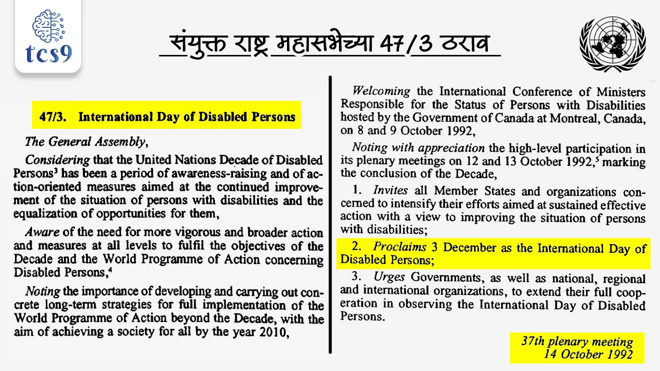 आंतरराष्ट्रीय दिव्यांग दिवसाची स्थापना केव्हा करण्यात आली ? 
•  1992 मध्ये संयुक्त राष्ट्र महासभेच्या 47/3 ठरावाद्वारे 'आंतरराष्ट्रीय दिव्यांग दिवस' घोषित करण्यात आला.