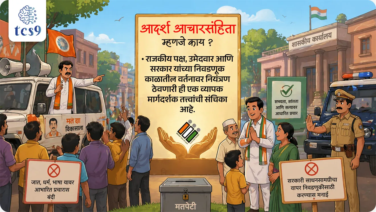 आदर्श आचार संहिता म्हणजे काय ?

What is Model Code of Conduct ?

 

📚 Subject : GS -  राज्यशास्त्र, निवडणूक

सरळसेवा, तलाठी, वनरक्षक, पोलीस भरती, अग्निवीर , रेल्वे भरती, SSC GD, MPSC, UPSC परीक्षेसाठी विचारलेले / संभाव्य महत्त्वपूर्ण  प्रश्न


प्रश्न) आदर्श आचार संहिता (Model Code of Conduct) कधी लागू होते ?

1. मतदानाच्या दिवशी
2. उमेदवारी अर्ज भरताना
3. निवडणुकीची घोषणा होताच
4. निकाल जाहीर झाल्यानंतर

उत्तर :  निवडणुकीची घोषणा होताच


📰 बातमी काय ?
• भारतीय निवडणूक आयोगाने (ECI) 2026 च्या विधानसभा निवडणुकांच्या (आसाम, केरळ, तामिळनाडू, पश्चिम बंगाल आणि पुद्दुचेरी) घोषणांसोबतच 'आदर्श आचारसंहिता' लागू केली आहे. 
• निवडणूक प्रक्रिया मुक्त, न्याय्य आणि पारदर्शक वातावरणात पार पडण्यासाठी ही एक नियमावली आहे.

🧐 आदर्श आचारसंहिता म्हणजे काय ? 
• राजकीय पक्ष, उमेदवार आणि सरकार यांच्या निवडणूक काळातील वर्तनावर नियंत्रण ठेवणारी ही एक व्यापक मार्गदर्शक तत्त्वांची संचिका आहे.
उद्देश :
• निवडणूक प्रक्रियेचे पावित्र्य राखणे.
• निवडणूक प्रचारादरम्यान शांतता आणि सुव्यवस्था राखणे.
• सत्ताधारी पक्षाला सरकारी यंत्रणेचा किंवा संसाधनांचा गैरवापर करून अवाजवी फायदा मिळवण्यापासून रोखणे.


🏛️ वैधानिक आधार आणि अंमलबजावणी (Statutory Backing & Enforceability) :
 
• थेट कायदा नाही : आचारसंहिता हा कोणताही संसदेने संमत केलेला 'कायदा' नाही. हे सर्व राजकीय पक्षांच्या सहमतीने तयार झालेले एक 'नैतिक बंधन' आहे.

• संविधानिक अधिकार : भारतीय राज्यघटनेच्या कलम 324 अन्वये निवडणूक आयोगाला निवडणुकांचे 'अधीक्षण, दिग्दर्शन आणि नियंत्रण' करण्याचे अधिकार आहेत. याच अधिकाराचा वापर करून आयोग MCC लागू करतो.

• अप्रत्यक्ष कायदेशीर कारवाई : जरी आचारसंहिता स्वतः कायदा नसली, तरी त्यातील अनेक तरतुदी खालील कायद्यांनुसार गुन्हे ठरतात:
1) भारतीय न्याय संहिता, 2023 (पूर्वीचे IPC): लाचखोरी, धमकी आणि तोतयागिरीसाठी शिक्षा.
2) लोकप्रतिनिधी कायदा (RPA), 1951 : कलम 123 नुसार 'भ्रष्ट आचरण' (Corrupt Practices) अंतर्गत कारवाई केली जाते.


⏳  कालावधी (Duration) : 
• सुरुवात: निवडणूक आयोगाने निवडणुकीचे वेळापत्रक पत्रकार परिषदेत जाहीर केल्याच्या क्षणाहून आचारसंहिता लागू होते.
• शेवट: निवडणुकीचे निकाल जाहीर झाल्यानंतर आचारसंहिता संपुष्टात येते.


🕰️ ऐतिहासिक उत्क्रांती (Evolution)
• 1960 (केरळ) : सर्वप्रथम केरळ विधानसभा निवडणुकीत राजकीय पक्षांच्या संमतीने प्रायोगिक तत्त्वावर याची सुरुवात झाली.
• 1962 (सार्वत्रिक निवडणुका) : पहिल्यांदाच व्यापक स्तरावर पक्षांनी याचे पालन केले.
• 1979 : निवडणूक आयोगाने अधिक व्यापक आणि सुधारित आचारसंहिता जाहीर केली.
• 1991 (टी. एन. शेषन काळ): तत्कालीन मुख्य निवडणूक आयुक्त टी. एन. शेषन यांनी आचारसंहितेची कडक अंमलबजावणी सुरू केली, ज्यामुळे तिला खऱ्या अर्थाने प्रतिष्ठा प्राप्त झाली.


🧐 आचारसंहितेतील प्रमुख निर्बंध (Key Restrictions) :

• सत्ताधारी पक्षासाठी : नवीन योजनांची घोषणा करणे, सरकारी खर्चाने जाहिराती देणे किंवा सरकारी वाहनांचा प्रचारासाठी वापर करणे यावर बंदी असते.
• भाषण आणि प्रचार : धार्मिक किंवा जातीय तेढ निर्माण करणारी विधाने करण्यास मनाई. तसेच प्रतिस्पर्धी उमेदवारांच्या खासगी आयुष्यावर टीका करण्यास बंदी.
• सभा आणि मिरवणुका : कोणतीही सभा किंवा मिरवणूक काढण्यापूर्वी स्थानिक पोलीस प्रशासनाची रीतसर परवानगी घेणे बंधनकारक असते.


✍️ निष्कर्ष  (Conclusion) : 
• आदर्श आचारसंहिता ही भारतीय लोकशाहीचा कणा आहे. ती केवळ नियम नसून, सत्तेचा गैरवापर रोखणारे एक प्रभावी साधन आहे. 
• जरी तिला कायदेशीर संरक्षण नसले, तरी सर्वोच्च न्यायालयाने अनेक निकालांमध्ये निवडणूक आयोगाच्या या अधिकाराचे समर्थन केले आहे.


🔑 परीक्षेच्या दृष्टीने IMP रिव्हिजन पॉईंट्स : आदर्श आचारसंहिता (MCC)

• MCC लागू — निवडणूक घोषणा होताच  • कालावधी — घोषणा ते निकाल
• कायदेशीर स्वरूप — कायदा नाही (नैतिक आचारसंहिता)  • अधिकार — कलम 324
• सुरुवात — 1960 (केरळ)  • कडक अंमलबजावणी — 1991 (टी. एन. शेषन काळ)
• संबंधित कायदे — भारतीय न्याय संहिता, 2023 आणि लोकप्रतिनिधी कायदा (RPA), 1951