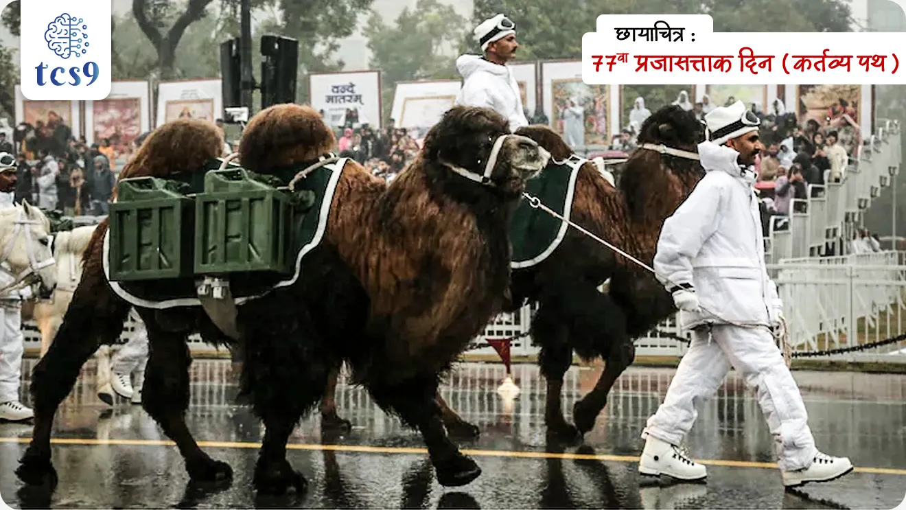 बातमी काय ?

• प्रजासत्ताक दिन संचलन 2026 मध्ये, कर्तव्य पथ (Kartavya Path) येथे भारतीय लष्कराच्या Animal Contingent अंतर्गत 'गलवान' (Galwan)आणि ‘नुब्रा’ (Nubra) हे दोन बॅक्ट्रियन उंट सहभागी झाले.
• या माध्यमातून लडाखच्या थंड वाळवंटी (Cold Desert) भूभागाचा आणि सांस्कृतिक वारशाचा राष्ट्रीय स्तरावर गौरव करण्यात आला.

बॅक्ट्रियन उंट : 

• बॅक्ट्रियन उंट हा दोन कुबड्यांचा उंट असून तो अत्यंत थंड, कोरड्या आणि खडतर थंड वाळवंटी प्रदेशात जगण्यासाठी नैसर्गिकरित्या अनुकूल आहे.
• त्याच्या कुबड्यांमध्ये चरबी साठवली जाते (पाणी नाही), जी अन्नटंचाईच्या काळात ऊर्जा म्हणून वापरली जाते.

भारतीय सैन्यात योगदान :
•  प्रजासत्ताक दिन संचलन 2026 मध्ये गलवान आणि नुब्रा नावाचे दोन बॅक्ट्रियन उंट सहभागी झाले.
• नाव : गलवान आणि नुब्रा हे नाव लडाखमधील गलवान व्हॅली आणि नुब्रा व्हॅली यांसारख्या महत्त्वाच्या ठिकाणांवरून देण्यात आले आहे.
• सैन्यातील उपयुक्तता : हे उंट चपळ आणि सहनशील असतात, जे अत्यंत थंड हवामान आणि विरळ ऑक्सिजनमध्ये देखील कार्य करू शकतात, ज्यामुळे ते लडाखच्या दुर्गम भागात रसद पुरवठ्यासाठी (logistics) मौल्यवान आहेत.

भारत व जागतिक वितरण :
• भारतामध्ये बॅक्ट्रियन उंट फक्त लडाखमधील नुब्रा खोऱ्यात आढळतो.
• यामुळेच त्याचा प्रजासत्ताक दिन संचलनातील सहभाग राष्ट्रीय महत्त्वाचा ठरतो.
• जागतिक स्तरावर हा उंट मंगोलिया, चीन, कझाकस्तान आणि मध्य आशियातील प्रदेशात आढळतो.

उगम आणि नावाचा इतिहास :

• बॅक्ट्रियन उंट सुमारे 5,000 ते 6,000 वर्षांपूर्वी मध्य आशियात पाळीव बनवला गेला.
• त्याचे नाव बॅक्ट्रिया (Bactria) या प्राचीन मध्य आशियाई प्रदेशावरून पडले आहे.

प्रकार आणि IUCN स्थिती : 
• बॅक्ट्रियन उंटाचे 2 प्रकार मानले जातात.
1) पहिला म्हणजे जंगली बॅक्ट्रियन उंट /Wild Bactrian Camel :  (शास्त्रीय नाव - Camelus ferus), जो IUCN नुसार गंभीरपणे धोक्यात (Critically Endangered) आहे.
2) दुसरा म्हणजे पाळीव बॅक्ट्रियन उंट/ Domestic Bactrian Camel :  (शास्त्रीय नाव - Camelus bactrianus), जो पाळीव स्वरूपात आढळतो.

ऐतिहासिक आणि आर्थिक महत्त्व :

• बॅक्ट्रियन उंट हा प्राचीन काळातील सिल्क रोड व्यापाराचा मुख्य आधार होता.
• भारत, मध्य आशिया आणि चीन यांच्यातील व्यापार, संस्कृती आणि धार्मिक संपर्क (विशेषतः बौद्ध भिक्षूंची यात्रा) यामध्ये त्याची मोठी भूमिका होती.
• म्हणूनच त्याला “Ships of the Silk Road” असे म्हटले जात असे.