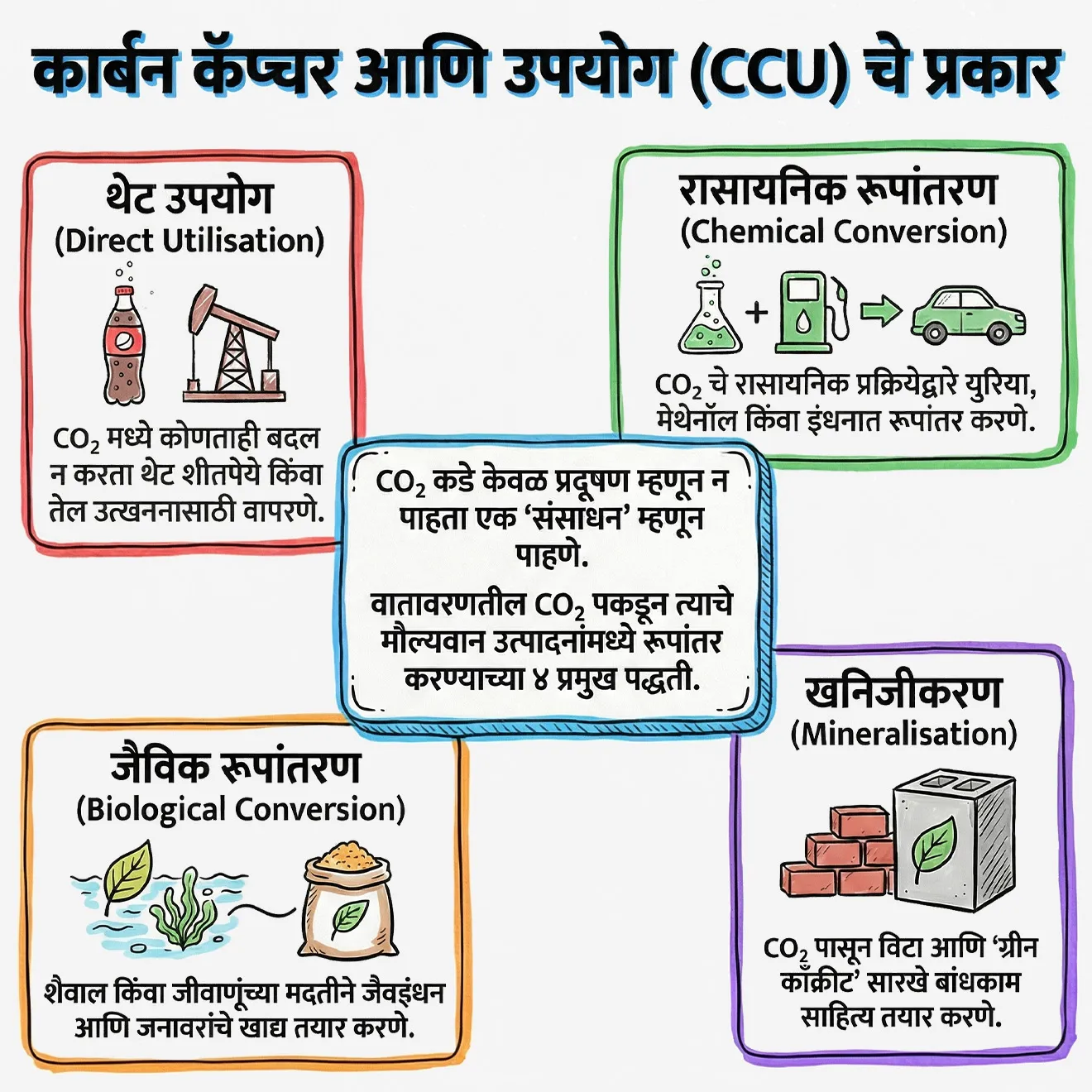 🤔 CCU चे प्रकार कोणते आहेत ?

• थेट उपयोग (Direct Utilisation): CO₂ चा थेट वापर (उदा. कार्बोनेटेड पेये, तेल उत्खनन)
• रासायनिक रूपांतरण (Chemical Conversion): CO₂ पासून रसायने किंवा इंधन तयार करणे (उदा. युरिया, मेथेनॉल)
• जैविक रूपांतरण (Biological Conversion): शैवाल/जीवाणूंच्या मदतीने CO₂ चे जैवउत्पादन जसे की जैवइंधन किंवा जनावरांचे खाद्य तयार करण्यासाठी.
• खनिजीकरण (Mineralisation): CO₂ ला खनिजांशी प्रतिक्रिया देऊन विटा किंवा ग्रीन काँक्रीट तयार करणे