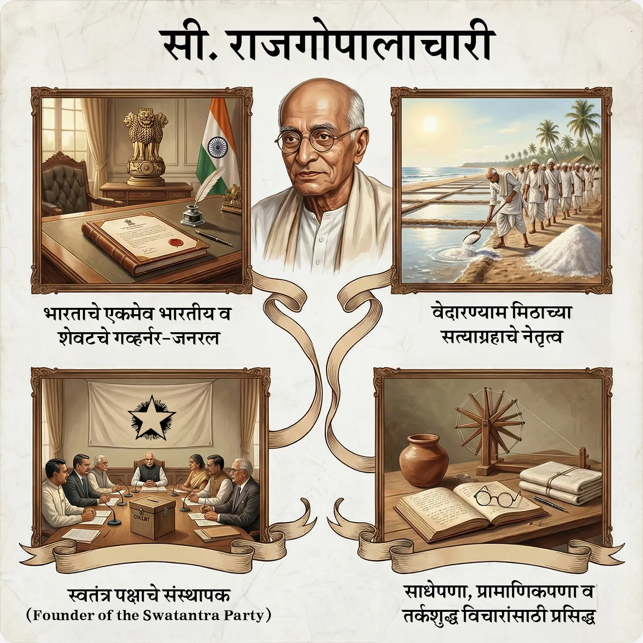 सी. राजगोपालाचारी महत्त्वाची ओळख (short notes) : 
• भारताचे एकमेव भारतीय व शेवटचे गव्हर्नर-जनरल
• वेदारण्याम मिठाच्या सत्याग्रहाचे नेतृत्व
• स्वतंत्र पक्षाचे संस्थापक (Founder of the Swatantra Party)
• साधेपणा, प्रामाणिकपणा व तर्कशुद्ध विचारांसाठी प्रसिद्ध