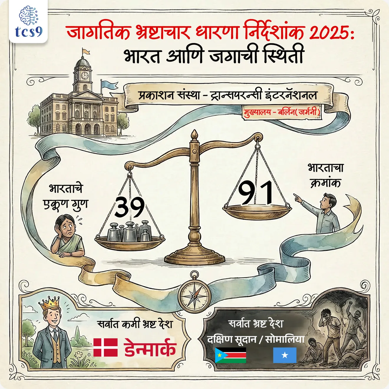 बातमी काय ?
• नुकताच ट्रान्सपरन्सी इंटरनॅशनल या संस्थेने भ्रष्टाचार धारणा निर्देशांक (CPI) 2025 प्रकाशित केला.
• या अहवालात 182 देशांमधील सार्वजनिक क्षेत्रातील भ्रष्टाचाराची पातळी मोजण्यात आली आहे.
भ्रष्टाचार धारणा निर्देशांक 2025 मध्ये भारताचा क्रमांक कितवा ?
(Corruption Perceptions Index – CPI)
• या निर्देशांकात भारताचा क्रमांक 91 वा असून भारताला 39 गुण मिळाले आहेत.
• मागील वर्षी भारताचा क्रमांक 96 वा होता, त्यामुळे भारताची स्थिती थोडी सुधारली आहे. 
भ्रष्टाचार धारणा निर्देशांक (CPI) म्हणजे काय ?
• भ्रष्टाचार धारणा निर्देशांक हा जगातील विविध देशांमधील सार्वजनिक क्षेत्रातील भ्रष्टाचाराची धारणा (Perception) मोजणारा जागतिक निर्देशांक आहे.
• या निर्देशांकात तज्ञांचे सर्वेक्षण, व्यावसायिक संस्थांचे अहवाल आणि विविध डेटा स्रोतांच्या आधारे देशांना गुण दिले जातात.
• हा निर्देशांक ट्रान्सपरन्सी इंटरनॅशनल ही संस्था दरवर्षी प्रकाशित करते. 
गुणांकन पद्धती :
• CPI मध्ये देशांना 0 ते 100 या स्केलवर गुण दिले जातात.
1. 0 गुण : अत्यंत भ्रष्ट देश
2. 100 गुण : अत्यंत स्वच्छ प्रशासन
✍️ ज्या देशाला जास्त गुण मिळतात तो देश कमी भ्रष्ट मानला जातो. 
CPI 2025 नुसार सर्वात कमी 3 भ्रष्ट देश :
• डेन्मार्क – 89 गुण (सलग 8 वर्षे पहिला क्रमांक)
• फिनलँड
• सिंगापूर
✍️ हे देश पारदर्शक प्रशासन व मजबूत संस्थांसाठी प्रसिद्ध आहेत. 
CPI 2025 नुसार सर्वात जास्त 3 भ्रष्ट देश :
• दक्षिण सूदान – 9 गुण
• सोमालिया – 9 गुण
• व्हेनेझुएला – 10 गुण
✍️ यामागे प्रामुख्याने राजकीय अस्थिरता, संघर्ष आणि कमजोर प्रशासन कारणीभूत आहेत. 
CPI 2025 नुसार भारत - शेजारील देश आणि दक्षिण आशियातील देशांची स्थिती :
• भूतान – 18 वा (71 गुण)
• चीन – 76 वा
• भारत – 91 वा (39 गुण)
• मालदीव – 91 वा
• श्रीलंका – 107 वा
• नेपाळ – 109 वा
• पाकिस्तान – 136 वा
• बांगलादेश – 150 वा
✍️ यावरून भारताची स्थिती दक्षिण आशियातील अनेक देशांपेक्षा चांगली असली तरी भूतान व चीनपेक्षा मागे आहे. 
🧐 भ्रष्टाचार धारणा निर्देशांक कोणत्या संस्थेद्वारे प्रकाशित केला जातो ?
• भ्रष्टाचार धारणा निर्देशांक (CPI) हा निर्देशांक ट्रान्सपरन्सी इंटरनॅशनल (Transparency International) या जागतिक नागरी संस्थेद्वारे दरवर्षी प्रकाशित केला जातो.
• स्थापना : 1993
• मुख्यालय : बर्लिन (जर्मनी)
🔑 परीक्षेच्या दृष्टीने IMP रिव्हिजन पॉईंट्स : भ्रष्टाचार धारणा निर्देशांक (CPI)
• प्रकाशन संस्था — ट्रान्सपरन्सी इंटरनॅशनल
• मुख्यालय — बर्लिन (जर्मनी)
• 2025 — भारताचा क्रमांक 91, गुण 39
• सर्वात कमी भ्रष्ट देश — डेन्मार्क
• सर्वात भ्रष्ट देश — दक्षिण सूदान / सोमालिया