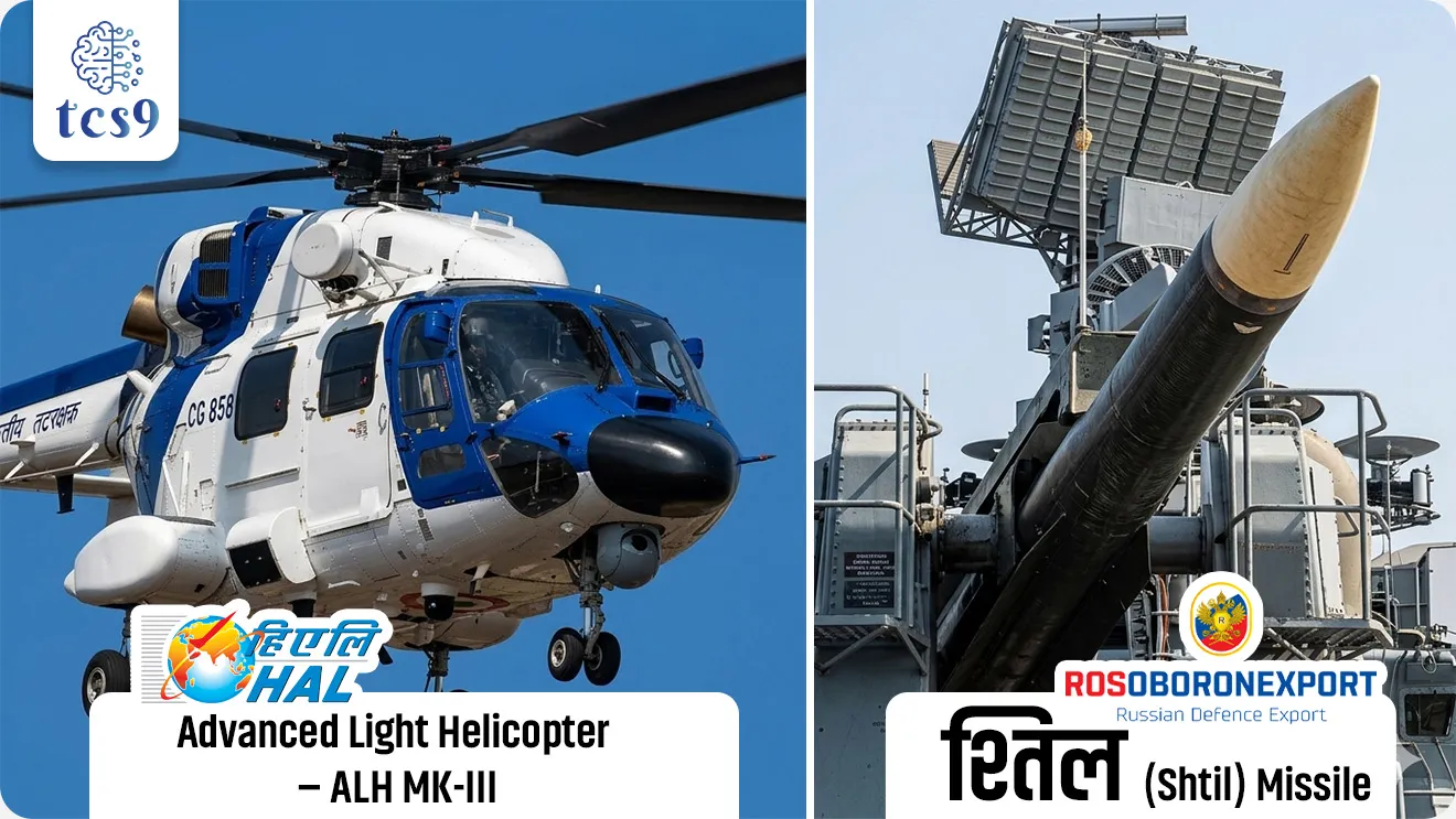 🧐 हे संरक्षण करार कोणासोबत झाले ?
1) हिंदुस्तान एरोनॉटिक्स लिमिटेड : या करारांतर्गत भारतीय तटरक्षक दलासाठी 6 प्रगत हलकी हेलिकॉप्टर (Advanced Light Helicopter – ALH Mk-III) खरेदी करण्यात येणार आहेत. 
• ही हेलिकॉप्टर Hindustan Aeronautics Limited या भारतीय कंपनीकडून घेतली जाणार आहेत.

2) रशिया : तसेच, भारतीय नौदलासाठी श्तिल (Shtil) हवाई संरक्षण क्षेपणास्त्र प्रणाली खरेदीसाठी रशियाच्या जेएससी रोसोबोरोन एक्सपोर्ट सोबतही (JSC Rosoboronexport)  करार करण्यात आला आहे.