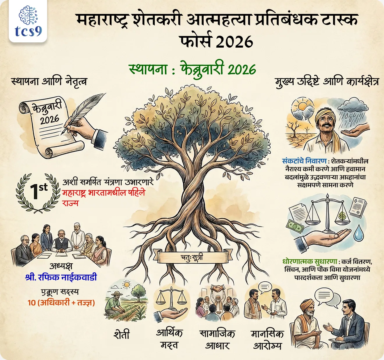 बातमी काय ? 
• फेब्रुवारी २०२६ मध्ये महाराष्ट्र सरकारने राज्यातील शेतकरी आत्महत्या रोखण्यासाठी एक विशेष राज्यस्तरीय टास्क फोर्स (कृती दल) स्थापन करण्याचा महत्त्वपूर्ण निर्णय घेतला आहे. 
• अशी समर्पित यंत्रणा उभी करणारे महाराष्ट्र हे देशातील पहिले राज्य ठरले आहे. 

या टास्क फोर्सची मुख्य वैशिष्ट्ये : 
• सर्वसमावेशक दृष्टिकोन : हे कृती दल केवळ आर्थिक मदतीवर लक्ष केंद्रित न करता शेतकऱ्यांच्या मानसिक आरोग्य, सामाजिक स्थिती, आर्थिक स्थैर्य आणि हवामान बदलामुळे निर्माण होणाऱ्या आपत्तींचा एकत्रित विचार करणार आहे.

या टास्क फोर्सचा प्रमुख उद्देश :
• शेतकऱ्यांमधील नैराश्य आणि भीती दूर करणे.
• हवामान बदलाच्या धोक्यांना तोंड देण्यासाठी धोरणात्मक पावले उचलणे.
• कर्ज वाटप यंत्रणा, सिंचन व्यवस्था आणि पीक विमा यांमध्ये सुधारणा सुचवणे.
• जिल्हा स्तरावर समुपदेशन केंद्रे चालवून शेतकऱ्यांना मानसिक आधार देणे.

टास्क फोर्सची रचना (Structure) : 
• या कृती दलात एकूण १० सदस्यांचा समावेश असून यामध्ये सरकारी अधिकारी आणि विषय तज्ज्ञांचा मेळ घालण्यात आला आहे.
• अध्यक्ष : श्री. रफिक नाईकवाडी (संचालक - कृषी,  विस्तार व प्रशिक्षण विभाग)

अंमलबजावणी आणि कार्यपद्धती (Implementation) : 
• या टास्क फोर्सची अंमलबजावणी केवळ कागदावर मर्यादित न राहता ती जिल्हा आणि स्थानिक स्तरावर राबवण्याचे नियोजन आहे.

नाशिक पॅटर्नचा आधार : 
• कृषी आयुक्त श्री. सूरज मांढरे यांनी 2019 मध्ये नाशिक जिल्ह्यात राबवलेल्या यशस्वी प्रयोगाच्या धर्तीवर या राज्यस्तरीय टास्क फोर्सची रचना करण्यात आली आहे. 
• नाशिकमध्ये अशा उपक्रमांमुळे आत्महत्यांचे प्रमाण लक्षणीयरीत्या कमी झाले होते.

एकात्मिक दृष्टिकोन (Four-Pillar Approach): 
• अंमलबजावणी करताना शेती, आर्थिक मदत, सामाजिक आधार आणि मानसिक आरोग्य या चतुःसूत्रीचा वापर केला जाणार आहे.

स्थानिक नियोजन : 
• हे दल जिल्हा स्तरावर स्थानिक कृती आराखडे (Local-level action plans) तयार करून ते प्रादेशिक योजनांशी जोडण्याचे काम करेल.

समन्वय : 
• हा टास्क फोर्स विविध सामाजिक संस्था (NGOs) आणि निमशासकीय संस्थांशी समन्वय साधून प्रत्यक्ष जमिनीवर उपाययोजनांची अंमलबजावणी सुनिश्चित करेल. 

🔑 परीक्षेच्या दृष्टीने IMP रिव्हिजन पॉईंट्स : 

• फेब्रुवारी 2026 – महाराष्ट्रात शेतकरी आत्महत्या रोखण्यासाठी राज्यस्तरीय टास्क फोर्स स्थापन
• अशी समर्पित यंत्रणा उभारणारे - महाराष्ट्र भारतामधील पहिले राज्य  
• अध्यक्ष – श्री. रफिक नाईकवाडी
• एकूण सदस्य – 10 (अधिकारी + तज्ज्ञ)
• मुख्य उद्देश – नैराश्य कमी करणे, हवामान बदलाशी सामना, कर्ज–सिंचन–पीक विमा सुधारणा
• चतुःसूत्री – शेती + आर्थिक मदत + सामाजिक आधार + मानसिक आरोग्य