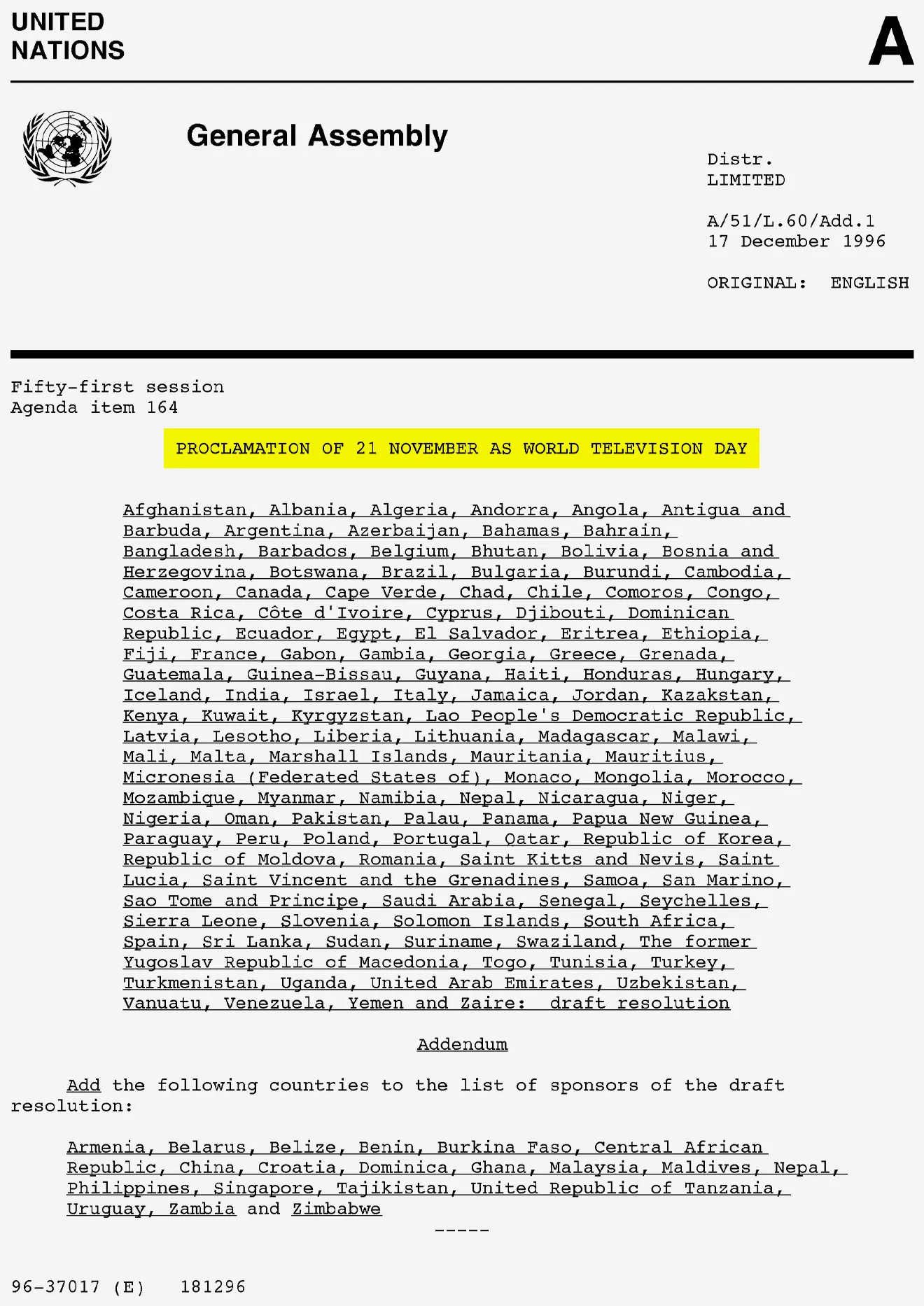 जागतिक दूरचित्रवाणी  दिना बद्दल परीक्षेसाठी IMP वनलाईनर पॉईंट्स :

• दरवर्षी 21 नोव्हेंबर रोजी जागतिक दूरचित्रवाणी दिन  साजरा केला जातो. 
• घोषणा : 1996 मध्ये संयुक्त राष्ट्रांच्या महासभेने (United Nations General Assembly) एका ठरावाद्वारे हा दिवस घोषित केला.
• उद्देश : ज्ञान, माहिती, शिक्षण आणि जनमत निर्मितीचे एक महत्त्वाचे माध्यम म्हणून दूरदर्शनचा सन्मान करणे हा या दिवसाचा उद्देश आहे.