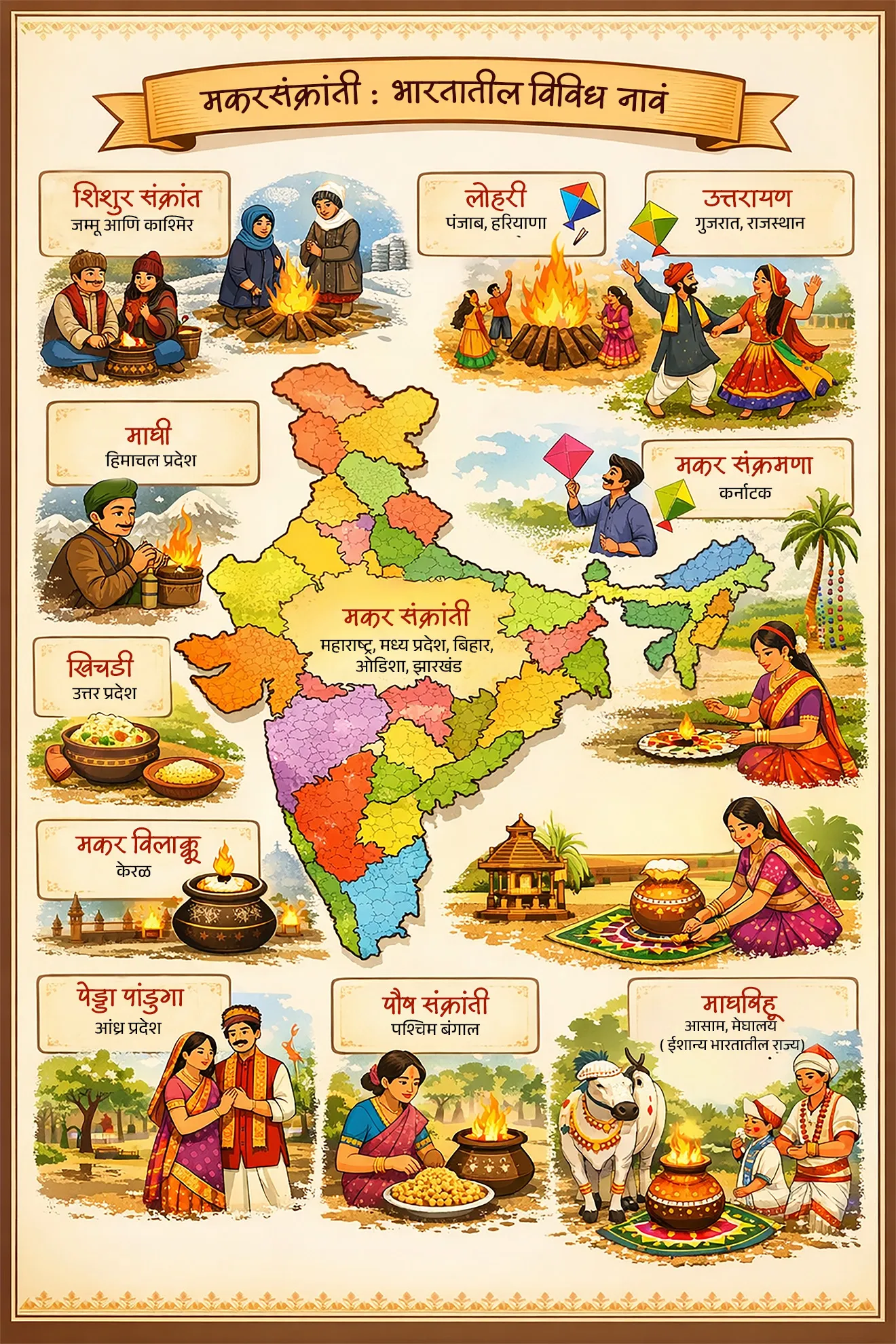 मकर संक्रांती का आणि केव्हा साजरी केली जाते ?
• मकर संक्रांती साधारणपणे 14 जानेवारी रोजी किंवा एक दिवस आधी किंवा एक दिवस नंतर बघावयास मिळते. 
• यंदा  14 जानेवारी रोजी मकर संक्रांती साजरी केली जात आहे.
• या दिवशी लोक पतंग उडवतात सांस्कृतिक कार्यक्रम आयोजित करतात. महाराष्ट्रात तिळगुळ वाटतात.

सूर्याचे उत्तरायण सुरू होते : 
• प्रत्येक महिन्यात संक्रांत येत असते. म्हणजेच सूर्याचे एका राशीतून दुसर्‍या राशीत संक्रमण अर्थात मार्गक्रमण होत असते. 
• सूर्य जेव्हा मकर राशीत प्रवेश करतो तेव्हा जी संक्रांत येते ती मकर संक्रांत. 
• यावेळी सूर्याचे दक्षिणायन संपून उत्तरायण सुरू होते. 
• आणि दिवस हळू हळू मोठा होऊ लागतो. 

सुगीचा सण : 
• सुगीचा सण म्हणजे पिक कापणीचा सण 
• मकर संक्रांती हा सण सुगीचा सण Harvesting Festival म्हणून ही ओळखला जातो.
• जसे की तमिळनाडू मध्ये पोंगल
• पंजाब, हरियाणा मध्ये लोहरी.

पौराणिक कथा :
• हिंदू पौराणिक कथांमध्ये मकर संक्रांतीच्या दिवशी सूर्यदेवता आपला पुत्र शनि देवास भेटण्यासाठी जातात.
•  शनिदेव हे मकर राशीचे प्रतीक मानले जातात. 
• अशी मान्यता आहे की आई-वडील-मुलगा यांच्यातील मतभेद दूर करण्यासाठी वडील आपल्या मुलास त्या दिवशी भेटतात व आनंद आणि गोडवा पसरवण्यासाठी महत्त्वाचे योगदान देतात.
•  मकरसंक्रातीचा महाभारतातील सिद्धांत असे सांगतो की, भीष्म पितामह यांनी मकर संक्रांतीच्या दिवशी आपल्या शरीराचा त्याग केला.

वेगवेगळ्या राज्यात मकर संक्रांतीला वेगवेगळ्या नावाने ओळखले जाते.
( स्पर्धा परीक्षांमध्ये  राज्यांची नावे आणि तिथे सणाला काय म्हणतात अशी योग्य जोडी ओळखण्यासाठी प्रश्न विचारले आहेत ते आपण शेवटी बघू )

तामिळनाडू :
• मकर संक्रांति हा सण तामिळनाडूमध्ये पोंगल म्हणून साजरा केला जातो. 
• पोंगल सण राज्यातील एक महत्त्वाचा सण आहे.
•  हा सण एकूण चार दिवस चालतो. 
• या सणादरम्यान लोक कापणी केलेल्या नवीन तांदूळ, मसूर, गूळ आणि दुधापासून बनवला जाणारा पोंगल नावाचा एक खास पदार्थ तयार करतात. 

आंध्र प्रदेश :
• मकर संक्रांती आंध्र प्रदेशमध्ये पेड्डा पांडूगा म्हणून साजरा केला जातो.
• आंध्र प्रदेश राज्यात विशेषता राज्याच्या ग्रामीण भागात हा सण मोठ्या उत्साहाने साजरा केला जातो.
•  या दिवशी लोक  बैलगाड्याची शर्यत तसेच कोंबड्यांची झुंज अशा सांस्कृतिक कार्यक्रमाचे आयोजन करतात.

केरळ :
• केरळमध्ये मकर संक्रांति मकरविल्लक्कू म्हणून साजरी केली जाते. 
• या दिवशी साबरीमाला मंदिरात प्रकट होणाऱ्या दिव्य प्रकाशाचे दर्शन घेण्यासाठी भक्त मंदिरात मोठ्या प्रमाणात जमा होतात.

गुजरात :  
• मकर संक्रांति हा सण गुजरातमध्ये उत्तरायण म्हणून साजरा केला जातो. 
• या दिवशी 1989 पासून गुजरात सरकार द्वारे आंतरराष्ट्रीय पतंग महोत्सव (International Kite Festival)  आयोजित केला जातो. 



शिशुर संक्रांत - जम्मू आणि काश्मिर
लोहरी - पंजाब, हरियाणा
माघी -  हिमाचल प्रदेश
उत्तरायण  -  गुजरात, राजस्थान 
 खिचडी - उत्तर प्रदेश
मकर संक्रांती - महाराष्ट्र, मध्य प्रदेश, बिहार, ओडिशा, झारखंड
मकर संक्रमणा - कर्नाटक
मकर विलाक्कू - केरळ
पोंगल   -  तमिळनाडू 
पेड्डा पांडुगा -  आंध्र प्रदेश
पौष संक्रांती - पश्चिम बंगाल
माघबिहू - आसाम, मेघालय ( ईशान्य भारतातील राज्य)