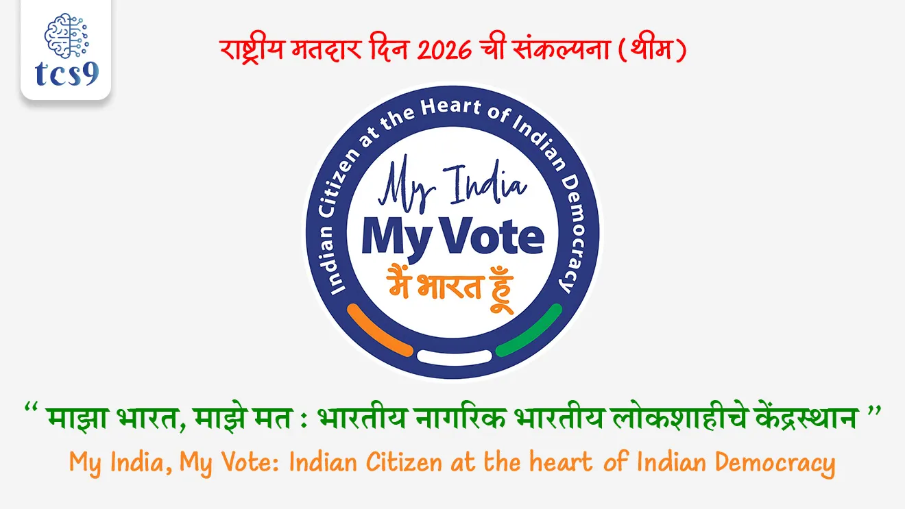राष्ट्रीय मतदार दिन 2026 ची संकल्पना (थीम) काय आहे ?
• या वर्षीची संकल्पना,  " माझा भारत, माझे मत: भारतीय नागरिक भारतीय लोकशाहीचे केंद्रस्थान " ही आहे. 
• 2026 theme :  (My India, My Vote: Indian Citizen at the heart of Indian Democracy)