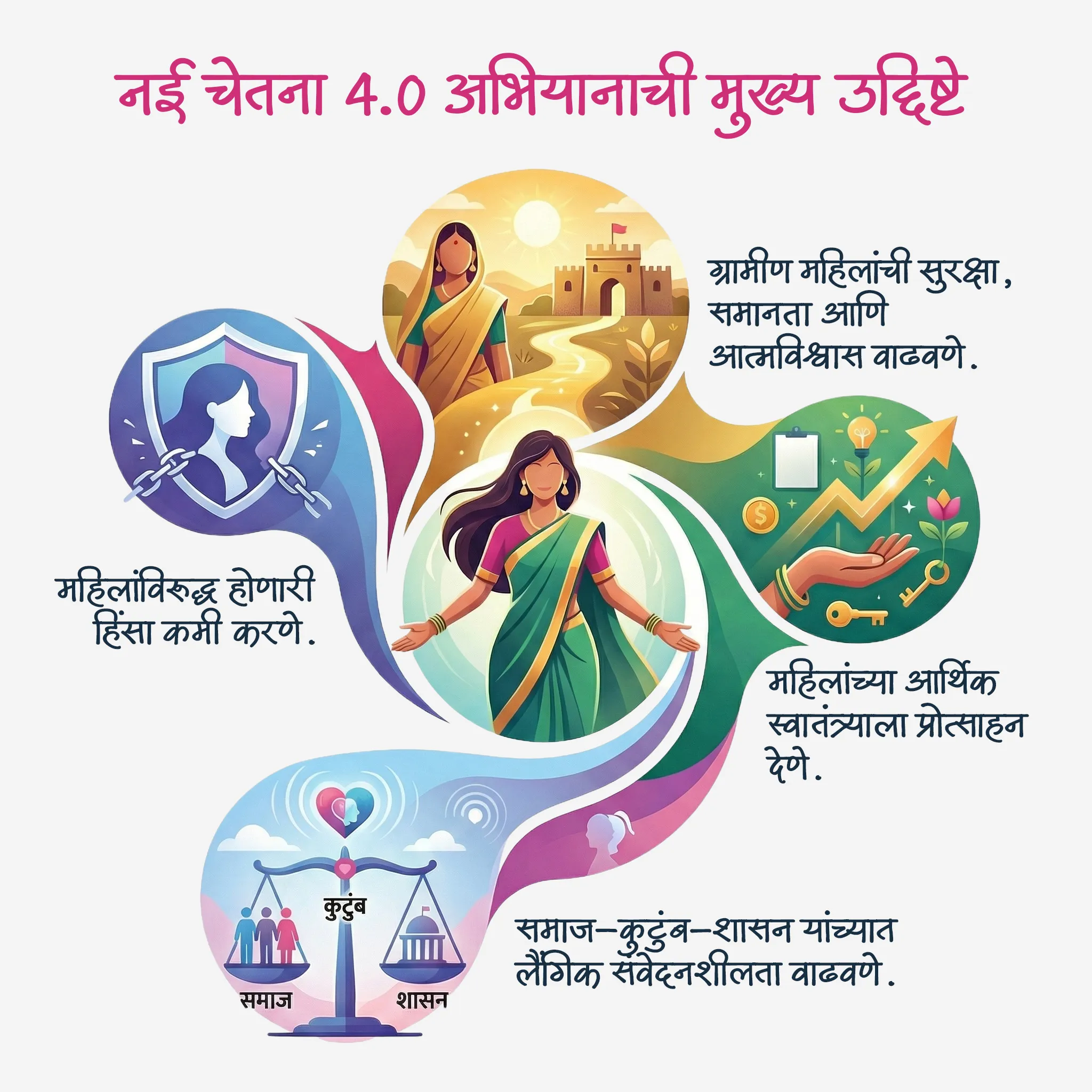 नई चेतना 4.0 काय आहे ?

• केंद्रीय ग्रामविकास मंत्रालयाच्या अखत्यारीतील दीनदयाळ अंत्योदय योजना- राष्ट्रीय ग्रामीण उपजीविका अभियानाद्वारे आयोजित करण्यात आलेले नई चेतना 4.0 हे एक महिना चालणारे अभियान आहे.
• नई चेतना 4.0 अभियान भारतातील सर्व राज्ये आणि केंद्रशासित प्रदेशांमध्ये 25 नोव्हेंबर ते  23 डिसेंबर 2025 पर्यंत राबवले जाईल.


नई चेतना 4.0  अभियानाची मुख्य उद्दिष्टे : 
• महिलांविरुद्ध होणारी हिंसा कमी करणे.
• ग्रामीण महिलांची सुरक्षा, समानता आणि आत्मविश्वास वाढवणे.
• महिलांच्या आर्थिक स्वातंत्र्याला प्रोत्साहन देणे.
• समाज–कुटुंब–शासन यांच्यात लैंगिक संवेदनशीलता वाढवणे.