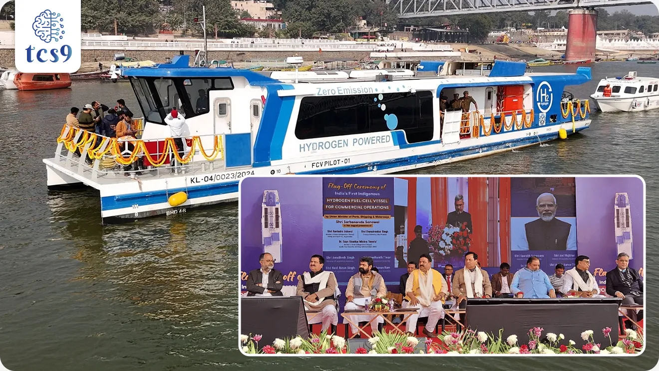 • भारताने वाराणसी येथे गंगेवर आपली पहिली पूर्णपणे स्वदेशी हायड्रोजन इंधन सेलवर चालणारी प्रवासी नौका व्यावसायिक सेवेत दाखल केली.
• यामुळे भारताने स्वच्छ आणि पर्यावरणास अनुकूल अंतर्गत जलवाहतुकीत (Inland Water Transport) मोठी झेप घेतली आहे.

🚢 भारताची पहिली स्वदेशी हायड्रोजन इंधन सेलवर चालणारी प्रवासी नौका कोणी तयार केली ? 
• ही नौका कोचिन शिपयार्ड लिमिटेड (Cochin Shipyard Limited) यांनी विकसित केली असून, भारताच्या स्वदेशी जहाजबांधणी क्षमतेचे हे उत्तम उदाहरण आहे.
• या नौकेची पहिली व्यावसायिक फेरी नमो घाट, वाराणसी येथून सुरू झाली.

या नौकेची प्रमुख वैशिष्ट्ये कोणते ?
• ही 24 मीटर लांबीची, वातानुकूलित (AC) प्रवासी कॅटामरॅन नौका आहे.
• या नौकेत एकावेळी सुमारे 50 प्रवासी आरामात प्रवास करू शकतात.
• लो-टेम्परेचर PEM (Proton Exchange Membrane) फ्युएल सेल तंत्रज्ञानामुळे नौकेचा प्रवास शांत व कंपनरहित होतो.
• नौका चालताना फक्त पाणी बाहेर पडते, त्यामुळे गंगा नदीत कोणतेही प्रदूषण होत नाही.
• एकदा हायड्रोजन भरल्यानंतर ही नौका सुमारे 8 तास सतत चालू शकते.
• हायड्रोजन फ्युएल सेल, बॅटरी आणि सोलर पॅनल्स यांचा हायब्रिड वापर करून ऊर्जा कार्यक्षमता वाढवण्यात आली आहे.
• नौकेचा वेग सुमारे 6.5 नॉट्स असून तो सुरक्षित आणि ऊर्जा-बचत करणारा आहे.
• कॅटामरॅन रचनेमुळे नौका अधिक स्थिर राहते आणि प्रवाशांना चांगली जागा मिळते.

हायड्रोजन इंधन सेल म्हणजे काय ?
What is a Hydrogen Fuel Cell ?
•  हायड्रोजन इंधन सेल ही अशी यंत्रणा आहे जी हायड्रोजन आणि ऑक्सिजन यांच्या रासायनिक अभिक्रियेतून वीज तयार करते.
• या प्रक्रियेतून वीज निर्मितीसोबत फक्त पाणी आणि उष्णता तयार होते.
• स्वच्छ पर्यायी इंधन पर्यायासाठी हायड्रोजन हे पृथ्वीवरील सर्वात मुबलक घटकांपैकी एक आहे.

हायड्रोजन इंधन सेल कसा कार्य करतो ?
How does a Hydrogen Fuel Cell work ?
• हायड्रोजन वायू अ‍ॅनोडमध्ये प्रवेश करतो.
• उत्प्रेरकाच्या मदतीने हायड्रोजनचे प्रोटॉन आणि इलेक्ट्रॉन वेगळे होतात.
• प्रोटॉन, मेंब्रेनमधून कॅथोडकडे जातात, तर इलेक्ट्रॉन बाह्य सर्किटमधून वाहून वीज निर्माण करतात.
• कॅथोडवर ऑक्सिजन, प्रोटॉन आणि इलेक्ट्रॉन एकत्र येऊन पाणी तयार होते.

 हायड्रोजन इंधन सेलचे फायदे व उपयोग :
• हे तंत्रज्ञान शून्य प्रदूषण (Zero Emission) करते आणि पर्यावरणास अनुकूल आहे.
• पारंपरिक इंजिनांच्या तुलनेत याची ऊर्जा कार्यक्षमता जास्त असते.
• वाहन, बस, जहाजे, ड्रोन यांसारख्या वाहतुकीत तसेच इमारती व डेटा सेंटरसाठी वीजपुरवठ्यात याचा वापर होतो.