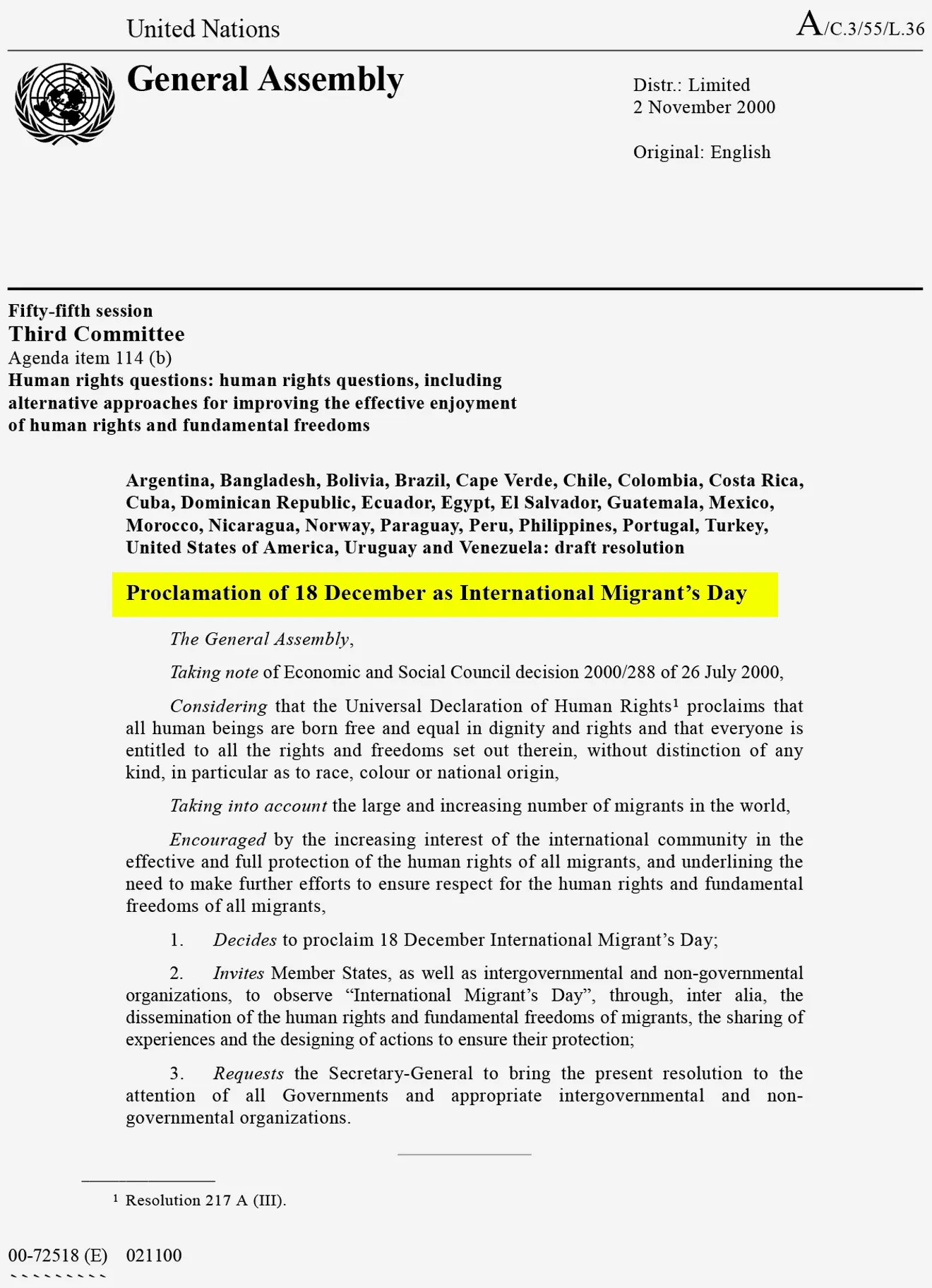 • 18 डिसेंबर 1990 मध्ये संयुक्त राष्ट्र महासभेने सर्व स्थलांतरित कामगार आणि त्यांच्या कुटुंबीयांच्या हक्कांचे रक्षण करण्यासाठी एक आंतरराष्ट्रीय करार स्वीकारला.
• या कराराचे महत्व लक्षात घेता जगभरात 18 डिसेंबरला आंतरराष्ट्रीय स्थलांतरित दिवस साजरी करण्यात येतो.

पहिला आंतरराष्ट्रीय स्थलांतरित दिवस केव्हा साजरी करण्यात आला ?
• 18 डिसेंबर २००० रोजी पहिला आंतरराष्ट्रीय स्थलांतरित दिवस साजरी करण्यात आला.