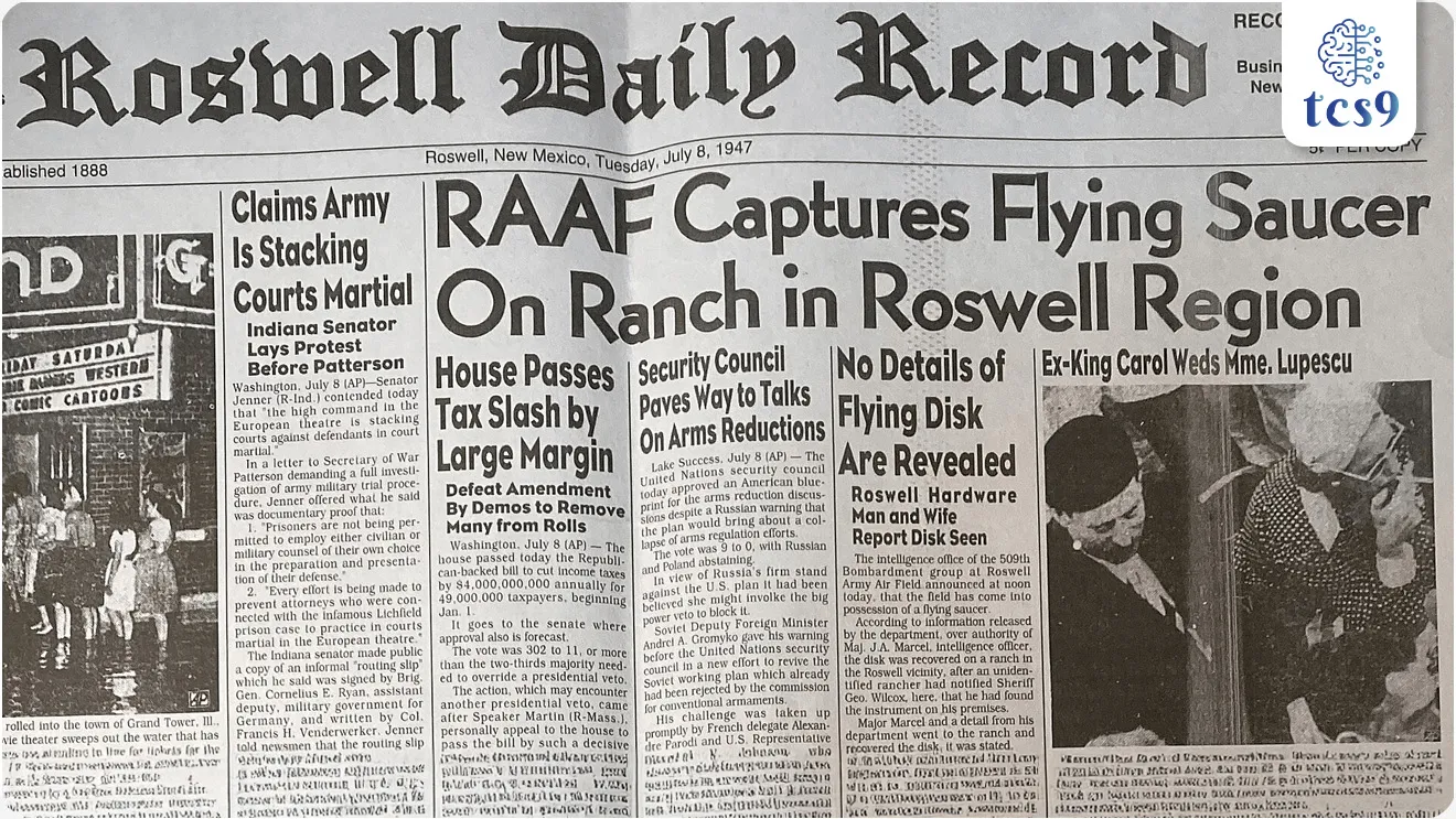 • 2 जुलै 1947 रोजी, अमेरिकन हवाई दलाने "उडणारी तबकडी" (Flying Saucer) सापडल्याचा दावा केला. 
• परंतु काही वेळातच त्यांनी त्यांचे विधान बदलले आणि ते फक्त हवामानाचा फुगा असल्याचे सांगितले.
• या विरोधाभासामुळे लोकांना संशय आला आणि येथूनच UFO, एलियन आणि गुप्त सरकारी प्रकल्पांबद्दल अनेक सिद्धांत सुरू झाले.
• रोसवेल घटना जागतिक UFO दिनाची प्रेरणा मानली जाते.