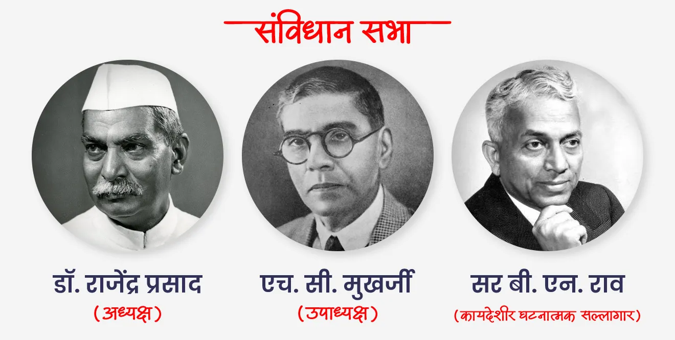 संविधान सभेबद्दल परीक्षेच्या दृष्टीने महत्त्वपूर्ण माहिती :
• 1946 च्या कॅबिनेट मिशनच्या अंतर्गत संविधान सभेची स्थापना करण्यात आली.
•  9 डिसेंबर 1946 रोजी संविधान सभेची पहिली बैठक भरली.
•  डॉ. सच्चिदानंद सिन्हा यांची तात्पुरते अध्यक्ष म्हणून निवड करण्यात आली.
•  पुढे 11 डिसेंबर 1946 रोजी :
		‣ संविधान सभेचे अध्यक्ष - डॉ. राजेंद्र प्रसाद 
		‣ संविधान सभेचे उपाध्यक्ष - एच. सी. मुखर्जी 
		‣ संविधान सभेचे कायदेशीर घटनात्मक सल्लागार - सर बी. एन. राव
यांची नेमणूक करण्यात आली.
•  26 नोव्हेंबर 1949 रोजी २८४ सदस्यांनी स्वाक्षरी करून घटनेचा स्वीकार करण्यात आला.