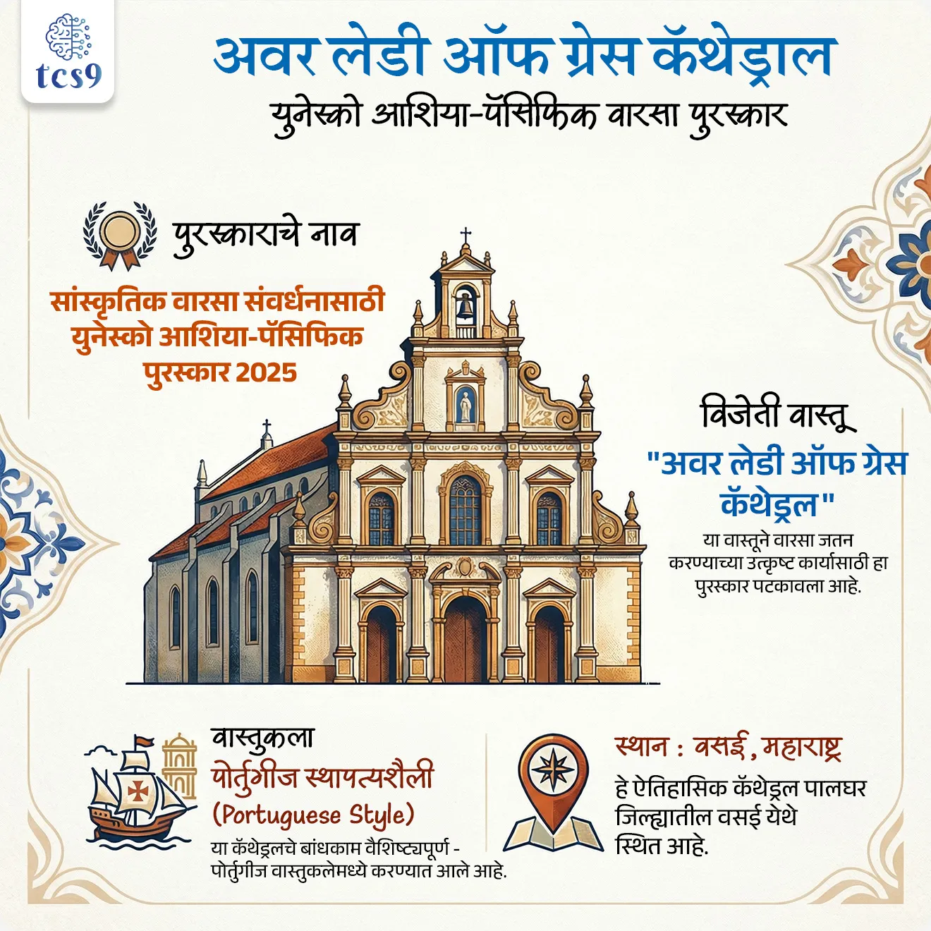 📰 बातमी काय ?

•  महाराष्ट्रातील वसई येथील "अवर लेडी ऑफ ग्रेस कॅथेड्रल" (Our Lady of Grace Cathedral, Vasai) या ऐतिहासिक कॅथेड्रलला 2025 च्या UNESCO Asia-Pacific Awards मध्ये “Award of Merit” मिळाला आहे. 
• हे पारितोषिक वारसा संवर्धनासाठी केलेल्या उत्कृष्ट कामासाठी दिले जाते.

🤔 UNESCO Asia-Pacific Awards म्हणजे नेमकं काय ?
• हा UNESCO चा एक महत्त्वाचा उपक्रम आहे.
• यामध्ये आशिया-पॅसिफिक क्षेत्रातील वारसा स्थळांच्या उत्कृष्ट संवर्धन प्रकल्पांना सन्मानित केले जाते.
• या पुरस्काराची स्थापना  2000 साली करण्यात आली.

🧐 या पुरस्काराचा उद्देश काय आहे ?
• ऐतिहासिक स्थळांचे मूळ स्वरूप जपून संवर्धन करणे
• स्थानिक समुदायाचा सहभाग वाढवणे
• दीर्घकालीन टिकाऊ (sustainable) संवर्धनाला प्रोत्साहन देणे

🤔 कोणत्या निकषांवर पुरस्कार दिला जातो ?

• स्थानिक वैशिष्ट्यांची समज (Understanding of place)
• तांत्रिक गुणवत्ता (Technical excellence)
• टिकाऊपणा (Sustainability)
• सामाजिक/सांस्कृतिक परिणाम (Social/cultural Impact)

🤔 "अवर लेडी ऑफ ग्रेस कॅथेड्रल"  कॅथेड्रल नेमकं काय आहे ?
• महाराष्ट्रातील वसई येथील हे 16 व्या शतकातील कॅथोलिक चर्च आहे
• हे पोर्तुगीज वास्तुकलेचे (Portuguese architecture) उत्कृष्ट उदाहरण आहे
• हे सुमारे 475 वर्षांपूर्वी पोर्तुगीज काळात बांधले आहे.
• ही वास्तू दगड आणि मातीच्या मिश्रणाने बांधलेली आहे. (सिमेंटचा वापर नाही)
• 2023–24 मध्ये सुमारे ₹4.5 कोटी खर्च करून याती पुनर्स्थापना करण्यात आली.


🔑 परीक्षेच्या दृष्टीने IMP रिव्हिजन पॉईंट्स : 
• पुरस्काराचे नाव  → सांस्कृतिक वारसा संवर्धनासाठी युनेस्को आशिया-पॅसिफिक पुरस्कार 2025
• पुरस्कार जिंकला :  "अवर लेडी ऑफ ग्रेस कॅथेड्रल" 
• स्थान → वसई, महाराष्ट्र
• वास्तुकला → पोर्तुगीज स्टाईल