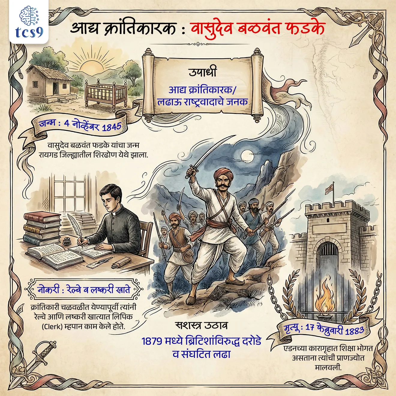 जन्म , शिक्षण आणि नोकरी : 

• वासुदेव बळवंत फडके यांचा जन्म 4 नोव्हेंबर 1845 रोजी महाराष्ट्राच्या रायगड जिल्ह्यातील शिरढोण या गावी झाला. 
• त्यांचे प्राथमिक शिक्षण शिरढोण येथे झाले. 
• त्यांचे माध्यमिक शिक्षण कल्याण, मुंबई, पुणे या ठिकाणी झाले. 
• कौटुंबिक आर्थिक परिस्थितीमुळे त्यंनी पुढील शिक्षण सोडले आणि नोकरीला सुरुवात केली.

वासुदेव बळवंत फडके हे कोणत्या खात्यात लिपिक होते ? 
(MPSC combine 2018)

• वासुदेव बळवंत फडके हे सुरुवातीला रेल्वे खात्यात लिपिक होते.
• त्यानंतर त्यांनी लष्करी खात्यात लेखा विभागात कार्य केले. 
• वेळेवर रजा मंजूर न झाल्यामुळे आजारी आईची भेट झाली नाही, त्यामुळे त्यांनी नोकरी सोडून दिली. 


स्वातंत्र्यासाठी सशस्त्र लढा उभारला :
• पुढे पुण्यात क्रांतिवीर वासुदेव बळवंत फडके यांची भेट क्रांतिगुरू लहुजी वस्ताद साळवे यांच्यासोबत झाल्यानंतर स्वातंत्र्यासाठी सशस्त्र सेना उभी करण्याची इच्छा त्यांच्या मनात प्रबळ झाली. 
• रामोशी, कोळी, मांग, मुसलमान यांच्या मदतीने त्यांनी आदिवासींची फौज संघटित केली. 
• स्वातंत्र्यासाठी, ब्रिटिश सरकारी खजिना लुटून पैसा उभारावयाचा आणि नव्या टोळ्या उभारून सरकारला हैराण करून सोडायचे, असा क्रांतिवीर वासुदेव बळवंत फडके यांचा विचार होता. 
• 20 फेब्रुवारी 1879 ला क्रांतिवीर वासुदेव बळवंत फडके आणि त्यांच्या फौजेने दरोडे टाकले. 
• दौलतराव नाईक यांच्या मदतीने लोणी जवळ धामारी गावाजवळ पहिला दरोडा घातला त्यात 3000 रुपये मिळविले. 

 ‘लढाऊ राष्ट्रवादाचे जनक’ कोणाला म्हणतात ? आणि का ? 

• क्रांतीवीर वासुदेव बळवंत फडके यांनी ब्रिटिश सरकारविरुद्ध स्वातंत्र्यासाठी जो सशस्त्र लढा पुकारला, तो एकाकी होता. 
• त्यांना पुरेसे अनुयायी लाभले नाहीत व शस्त्रसामग्रीही मिळाली नाही; 
• तरीसुद्धा भारतात त्यांनी सशस्त्र लढ्याची मुहूर्तमेढ रोवली. 
• ही सशस्त्र उठावाची चळवळ पुढे विसाव्या शतकाच्या पूर्वार्धात देशभर पसरली. 
• म्हणून क्रांतीवीर वासुदेव बळवंत फडके यांना ‘लढाऊ राष्ट्रवादाचे जनक’ म्हणतात.
• त्यांना भारतीय सशस्त्र बंडाचे जनक ('Father of the Indian Armed Rebellion) म्हणूनही ओळखले जाते. 

फितुरीमुळे क्रांतिवीर वासुदेव बळवंत फडके पकडले गेले : 
• सरकारने त्यांना पकडण्यासाठी बक्षीस जाहीर केले आणि त्यांना पकडण्यासाठी मेजर डॅनियल ला  मोहिमेवर धाडले.
• फितुरीमुळे ब्रिटिशांना क्रांतिवीर वासुदेव बळवंत फडके यांचा ठावठिकाणा मिळाला.
• 23 जुलै 1879 ला विजापूर जवळील देवर नावडगी या गावच्या बाहेर बौद्ध विहार मध्ये गाढ झोपेत असताना त्यांना अटक करण्यात आली.
• पुणे येथे त्यांच्यावर खटला चालविण्यात आला. 
• ग. वा. जोशी (सार्वजनिक काका) यांनी त्यांचे वकीलपत्र घेतले.
• उच्च न्यायालयात त्यांच्या बचावाचे काम महादेव चिमाजी आपटे यांनी केले.

ब्रिटिशांनी वासुदेव बळवंत फडके यांना कोणत्या कारागृहात ठेवले होते ?
(MPSC STI 2013) 

• क्रांतिवीर वासुदेव बळवंत फडके यांना जन्मठेपेची – काळ्या पाण्याची शिक्षा फर्मावली.
• 3 जानेवारी 1880 रोजी तेहरान बोटीने त्यांना यमन देशातील एडन या ठिकाणी पाठवण्यात आले.
• ब्रिटिशांनी वासुदेव बळवंत फडके यांना एडनच्या कारागृहात ठेवले होते.

मृत्यू : 
• तुरुंगातील हाल, एडनची उष्ण हवा यांमुळे क्रांतिवीर वासुदेव बळवंत फडके यांची प्रकृती बिघडली.
• 17 फेब्रुवारी 1883 रोजी एडनच्या कारागृहात त्यांचे निधन झाले. 




🔑 परीक्षेच्या दृष्टीने IMP रिव्हिजन पॉईंट्स : आद्य क्रांतिकारक वासुदेव बळवंत फडके

• जन्म — 4 नोव्हेंबर 1845, शिरढोण (रायगड)
• उपाधी — आद्य क्रांतिकारक / लढाऊ राष्ट्रवादाचे जनक
• नोकरी — रेल्वे व लष्करी खात्यात लिपिक
• सशस्त्र उठाव — 1879 मध्ये ब्रिटिशांविरुद्ध दरोडे व संघटित लढा
• शिक्षा व मृत्यू — एडन कारागृह, 17 फेब्रुवारी 1883